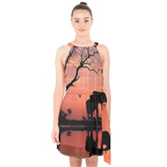 Elephant Landscape Tree Africa Sunset Safari Wild Halter Collar Waist Tie Chiffon Dress by Jatiart