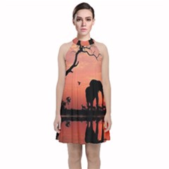 Elephant Landscape Tree Africa Sunset Safari Wild Velvet Halter Neckline Dress  by Jatiart