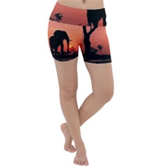 Elephant Landscape Tree Africa Sunset Safari Wild Lightweight Velour Yoga Shorts