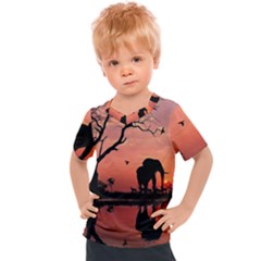 Elephant Landscape Tree Africa Sunset Safari Wild Kids  Sports T-shirt