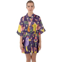 Exotic Seamless Pattern With Parrots Fruits Half Sleeve Satin Kimono 