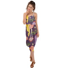 Exotic Seamless Pattern With Parrots Fruits Waist Tie Cover Up Chiffon Dress