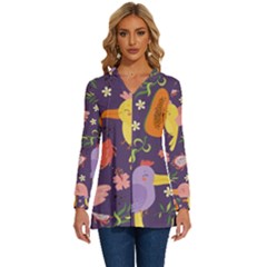 Exotic Seamless Pattern With Parrots Fruits Long Sleeve Drawstring Hooded Top by Ravend