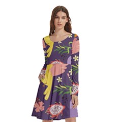 Exotic Seamless Pattern With Parrots Fruits Long Sleeve Knee Length Skater Dress With Pockets