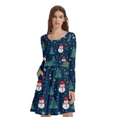 Snow Snowman Tree Christmas Tree Long Sleeve Knee Length Skater Dress With Pockets