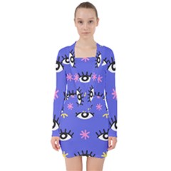 Eye Star Asterisk Pattern Background V-neck Bodycon Long Sleeve Dress