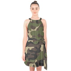 Texture Military Camouflage Repeats Seamless Army Green Hunting Halter Collar Waist Tie Chiffon Dress