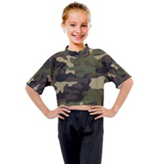 Texture Military Camouflage Repeats Seamless Army Green Hunting Kids Mock Neck T-shirt