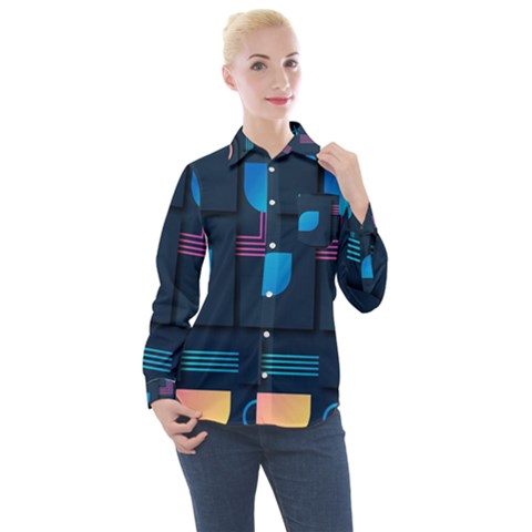 Gradient Geometric Shapes Dark Background Women s Long Sleeve Pocket Shirt by Ravend