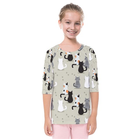 Cute Cat Seamless Pattern Kids  Quarter Sleeve Raglan T-shirt by Ravend