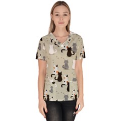 Cute Cat Seamless Pattern Women s V-neck Scrub Top