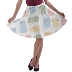 Cute Cat Colorful Cartoon Doodle Seamless Pattern A-line Skater Skirt by Ravend