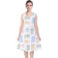 Cute Cat Colorful Cartoon Doodle Seamless Pattern V-neck Midi Sleeveless Dress  by Ravend