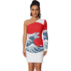 The Great Wave Of Kaiju Long Sleeve One Shoulder Mini Dress by Cendanart