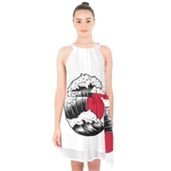 Japanese Sun & Wave Halter Collar Waist Tie Chiffon Dress by Cendanart