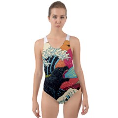 Retro Wave Kaiju Godzilla Japanese Pop Art Style Cut-out Back One Piece Swimsuit by Cendanart