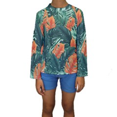 Green Tropical Leaves Kids  Long Sleeve Swimwear by Jack14