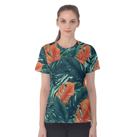Green Tropical Leaves Women s Cotton T-shirt by Jack14