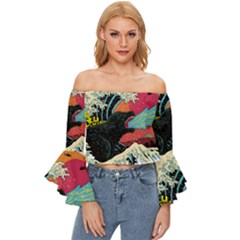 Retro Wave Kaiju Godzilla Japanese Pop Art Style Off Shoulder Flutter Bell Sleeve Top