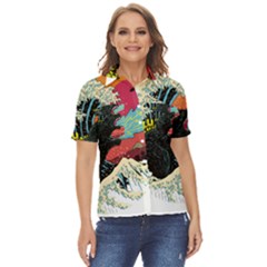 Retro Wave Kaiju Godzilla Japanese Pop Art Style Women s Short Sleeve Double Pocket Shirt