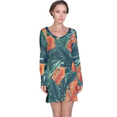 Green Tropical Leaves Long Sleeve Nightdress by Jack14
