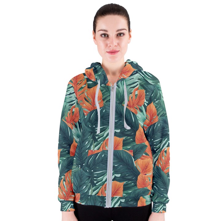 Green Tropical Leaves Women s Zipper Hoodie