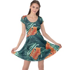 Green Tropical Leaves Cap Sleeve Dress by Jack14