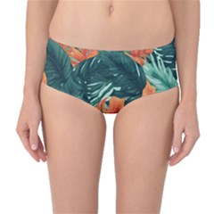 Green Tropical Leaves Mid-waist Bikini Bottoms by Jack14