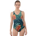 Green Tropical Leaves Cut-Out Back One Piece Swimsuit View1