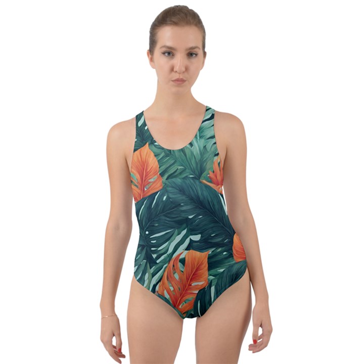 Green Tropical Leaves Cut-Out Back One Piece Swimsuit