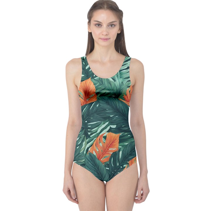 Green Tropical Leaves One Piece Swimsuit