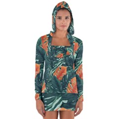 Green Tropical Leaves Long Sleeve Hooded T-shirt by Jack14