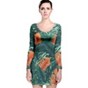 Green Tropical Leaves Long Sleeve Velvet Bodycon Dress View1