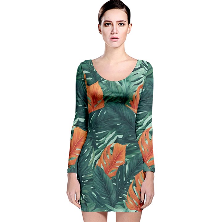 Green Tropical Leaves Long Sleeve Velvet Bodycon Dress