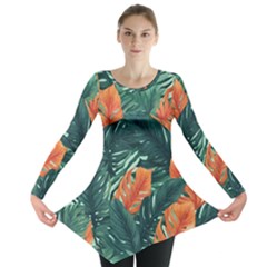 Green Tropical Leaves Long Sleeve Tunic  by Jack14