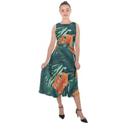 Green Tropical Leaves Midi Tie-back Chiffon Dress by Jack14