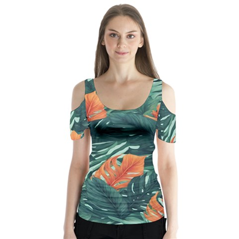 Green Tropical Leaves Butterfly Sleeve Cutout T-shirt  by Jack14