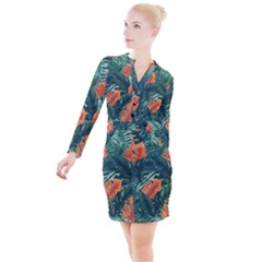Green Tropical Leaves Button Long Sleeve Dress