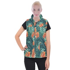Green Tropical Leaves Women s Button Up Vest