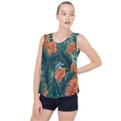 Green Tropical Leaves Bubble Hem Chiffon Tank Top