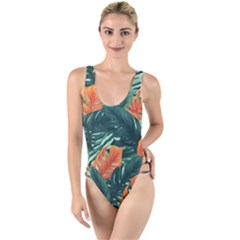 Green Tropical Leaves High Leg Strappy Swimsuit