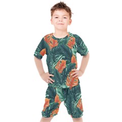Green Tropical Leaves Kids  T-shirt And Shorts Set
