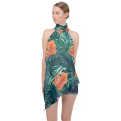 Green Tropical Leaves Halter Asymmetric Satin Top