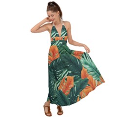 Green Tropical Leaves Backless Maxi Beach Dress
