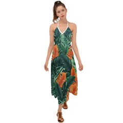 Green Tropical Leaves Halter Tie Back Dress  by Jack14