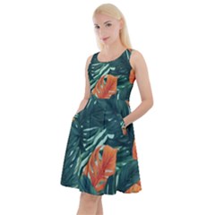 Green Tropical Leaves Knee Length Skater Dress With Pockets