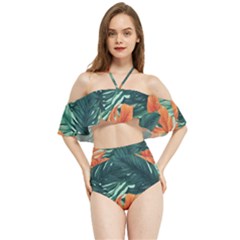 Green Tropical Leaves Halter Flowy Bikini Set 