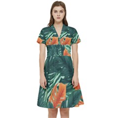 Green Tropical Leaves Short Sleeve Waist Detail Dress by Jack14