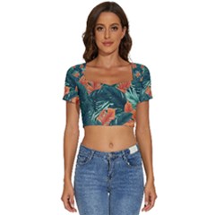 Green Tropical Leaves Short Sleeve Square Neckline Crop Top 