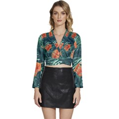 Green Tropical Leaves Long Sleeve Tie Back Satin Wrap Top